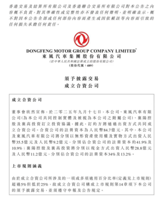 東風集團股份與襄陽國資成立新公司 注冊資本為84.7億元